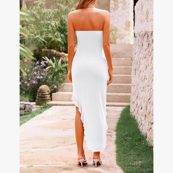 Formal Cocktail Dress Strapless Tube Asymmetrical Ruffle Maxi Bodycon - Picture 3 of 8